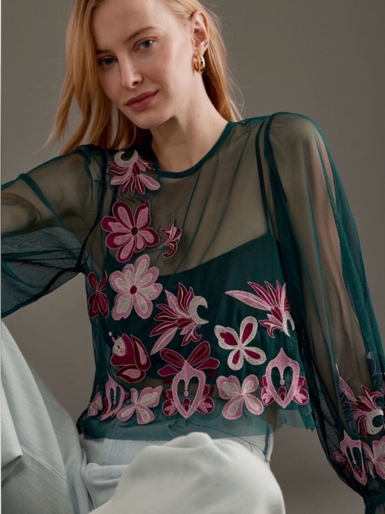 Anthropologie Tops - By Anthropologie Teal Embroidered Mesh Top Pink Flowers Metallic Thread XL